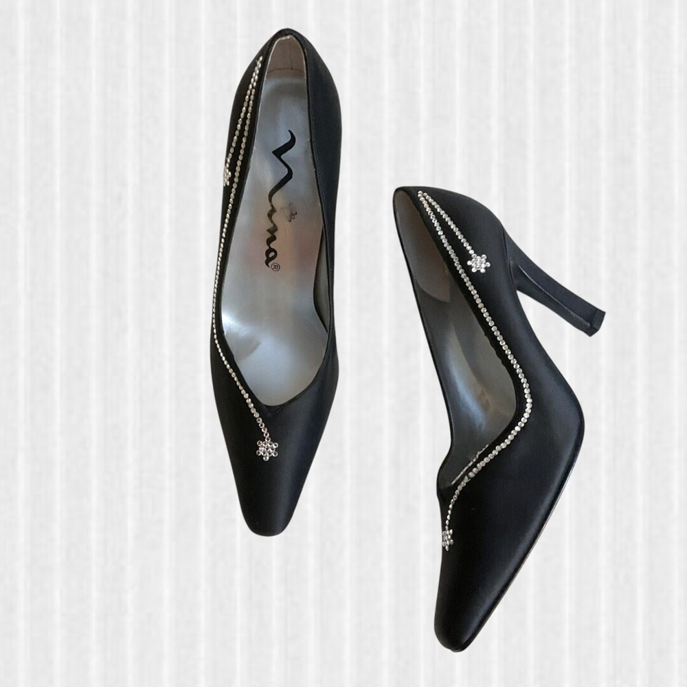 NINA Shoes Women's Size 7 Black High Heel Rayna LS Formal Lustre Satin Jeweled - Picture 11 of 11